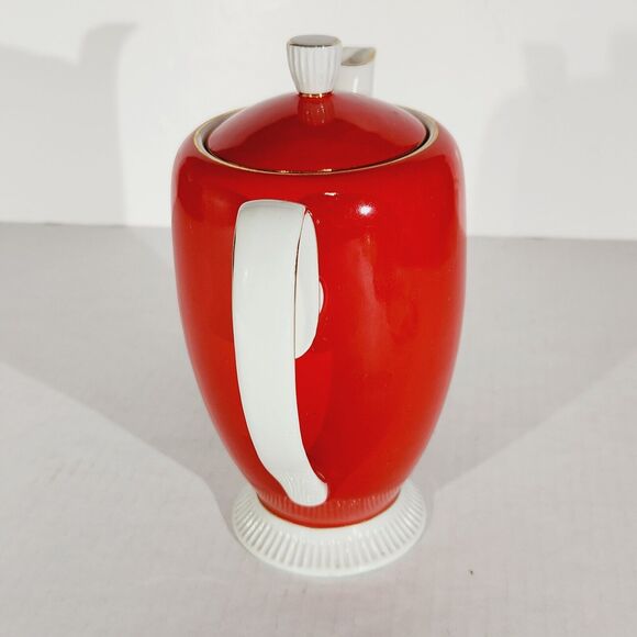 Chodziez Footed Coffee Teapot Red MCM Vtg Poland Ceramic Retro Tall Gold Trim - Picture 3 of 15